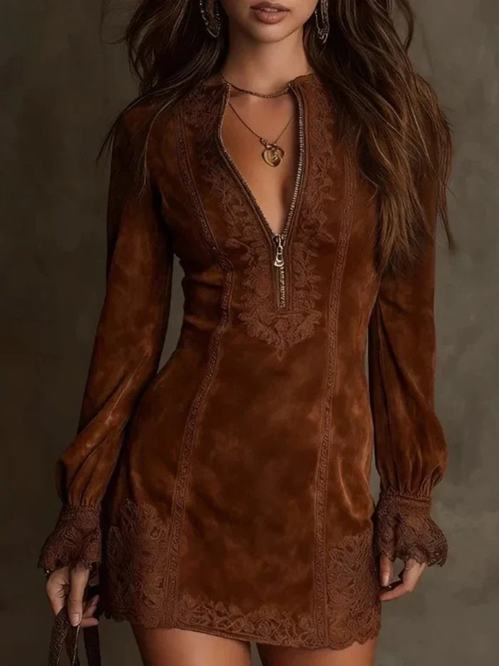 Anna – Short Suede Dress with Lace Details – Tenui Atelier