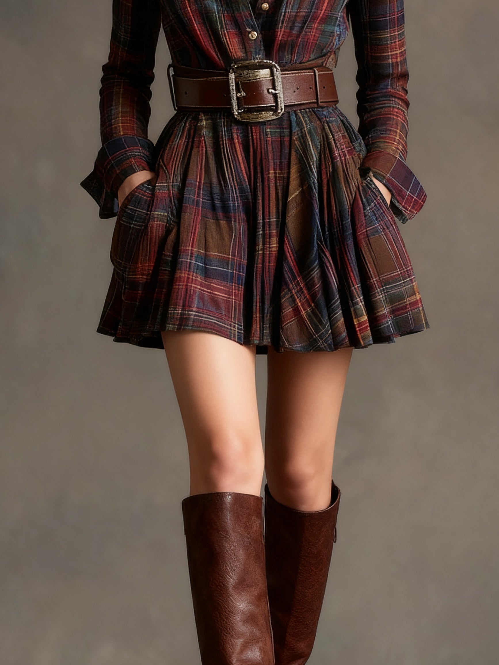 Robe mini vintage à carreaux avec taille marquée - ceinture incluse